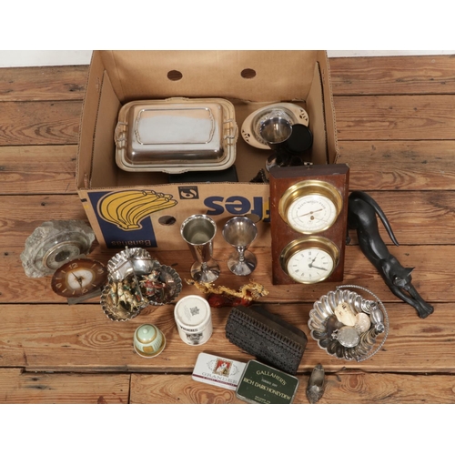 206 - A mixed box of collectables including an amount of silver plate, barometers and clocks, Indian/Hindu... 