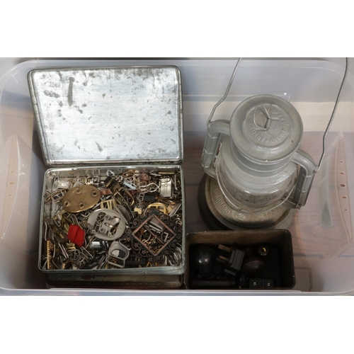 222 - Two boxes of metalwares, to include tools, fixtures and fittings, including brass horse medallions, ... 