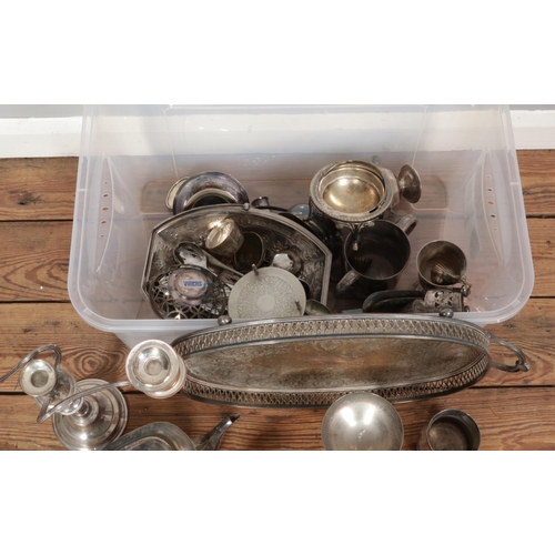 223 - A box of assorted metalwares, to include twin handled galleried tray, three branch candelabra, sauce... 