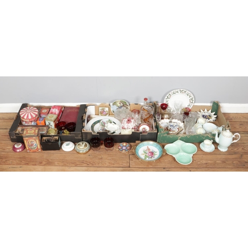 226 - Three boxes of assorted items, to include Queen Anne Coronet tea service, vintage tins, cut glasswar... 