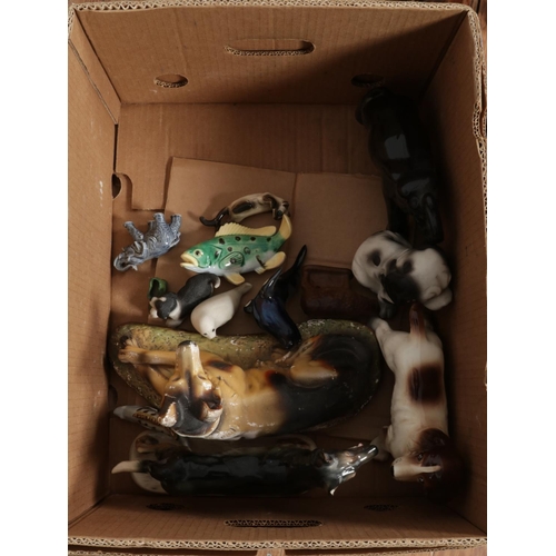 227 - A box of assorted ceramic animal figures to include Sylvac bulldog, Lomonosov, Highbank Porcelain, F... 