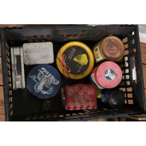 246 - A box of assorted vintage tins and stoneware to include Coca-Cola, Glenfiddich, Ogden's tobacco, etc... 