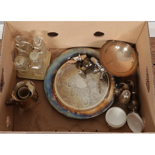 267 - A box of assorted items, to include a collection of flatware, metalwares, Oriental white metal box, ... 