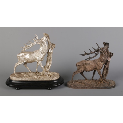 4 - After Pierre-Jules Mene (1810 - 1879) white metal pair of braying stags, one fixed to turned wooden ... 