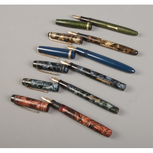 45 - Six vintage 14ct gold nib fountain pens, including Parker Duofold with Montblanc nib, Kingswood in r... 