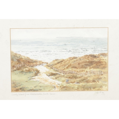 301 - Della Riley: a gilt framed watercolour 'Lundy Island from Woolacombe, North Devon' along with pair o... 