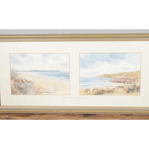 301 - Della Riley: a gilt framed watercolour 'Lundy Island from Woolacombe, North Devon' along with pair o... 