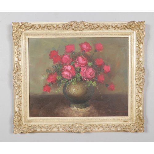 327 - Van Vulpen framed oil on canvas depicting still life vase of pink rose flowers. Approx. dimensions i... 