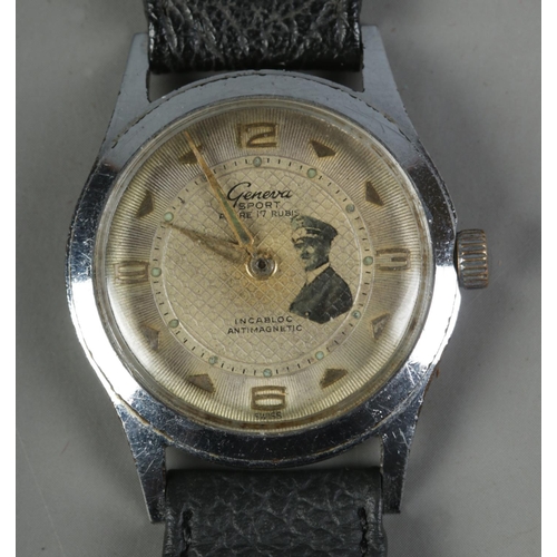 335 - A Wartime era Geneva Sport Ancre 17 Rubis wristwatch with inset monochrome image of Adolf Hitler