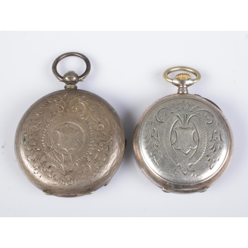 385 - Two silver fob watches, one bearing English hallmarks, the other 800. Both with white dials featurin... 