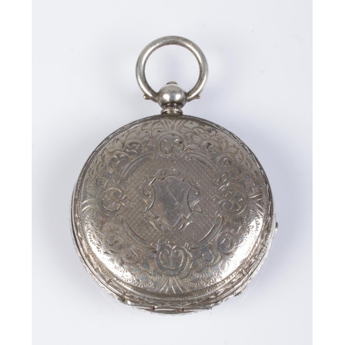 386 - A continental silver fob watch, stamped 800 to cuvette. With scrolled cover and Roman Numeral marker... 