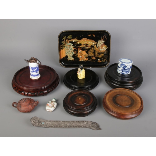 72 - Mixed collectables, including an oriental snuffer, seal, page turner and various sizes of hardwood s... 