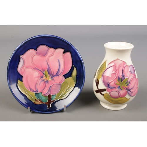 405 - A small Moorcroft Magnolia pattern baluster vase with a Magnolia pattern pin dish on blue background... 