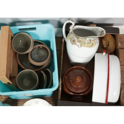 194 - Three boxes of assorted pottery, metalware and glassware, including Royal Creamware, a pewter tea se... 