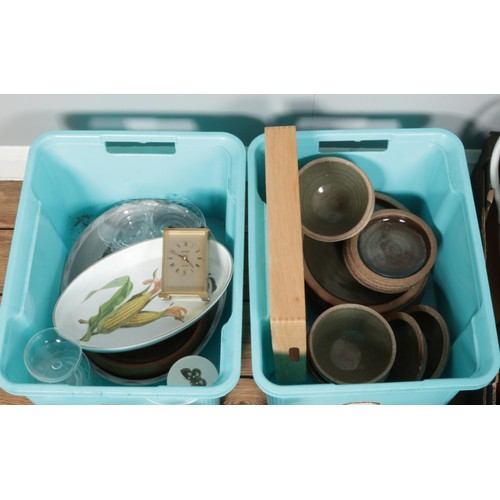 194 - Three boxes of assorted pottery, metalware and glassware, including Royal Creamware, a pewter tea se... 