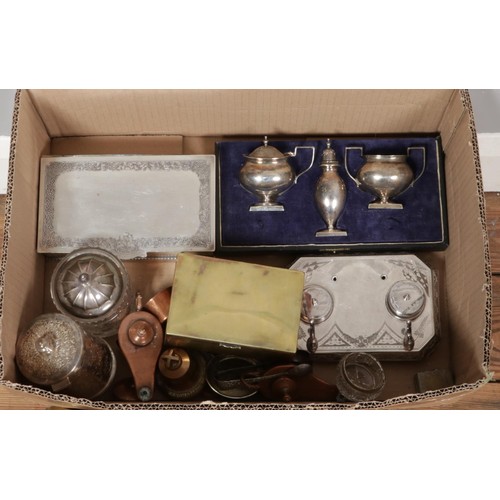 244 - A box of metalware, featuring silver, silver plated, brass and copper items, including hallmarked si... 