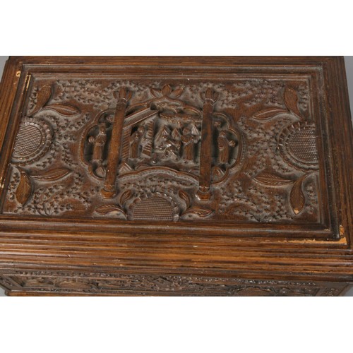 296 - Collection of four antique and vintage wooden boxes, including a writing slope with metal handles on... 