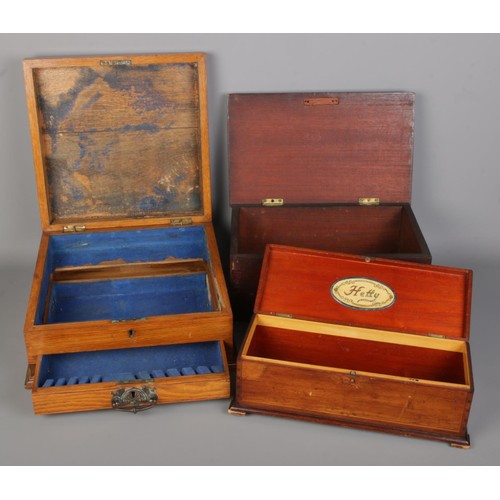 298 - A collection of five vintage wooden boxes, including a canteen box with drawer, a carved jewellery b... 