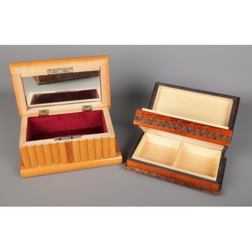 298 - A collection of five vintage wooden boxes, including a canteen box with drawer, a carved jewellery b... 