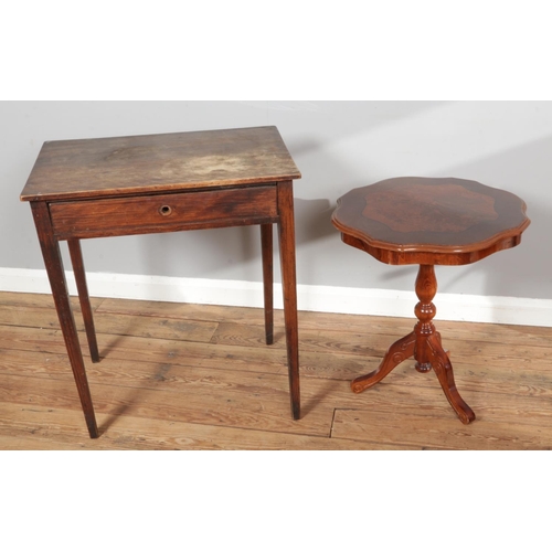 506 - An antique oak side table on tapering supports along with a small pedestal table on turned base feat... 