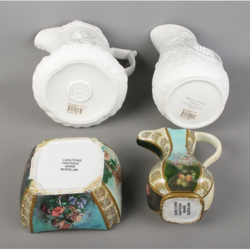 14 - Two Carltons Fantasia Ware with Two Portmeirion Parian Ware, including jugs and vase.