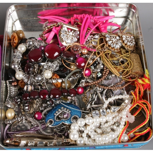 61 - Two boxes of costume jewellery and watches, containing various necklaces, bangles and bracelets, bro... 