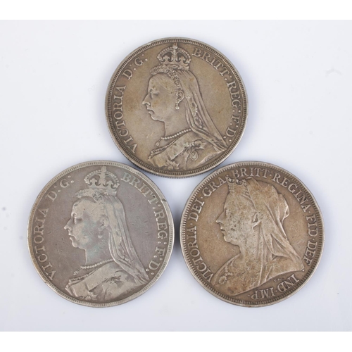 432 - Three Victorian silver crowns; 1887 (milled edge), 1889 (milled edge) and 1895 (LVIII edge). Total w... 