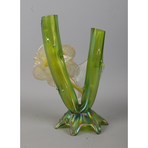 70 - A Kralik iridescent twin bud thorn vase, on naturalistic base.