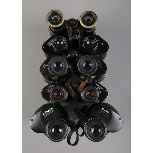 79 - Five pairs of binoculars; Taylor-Hobson, Asahi Pentax, Omiya, Merlex Paris and Prinzlux.