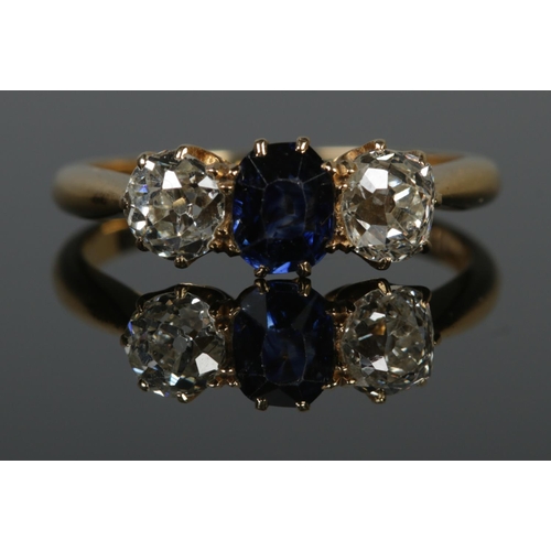 106 - A Victorian 18ct yellow gold, sapphire and diamond three stone ring. Both diamonds approximately 0.5... 