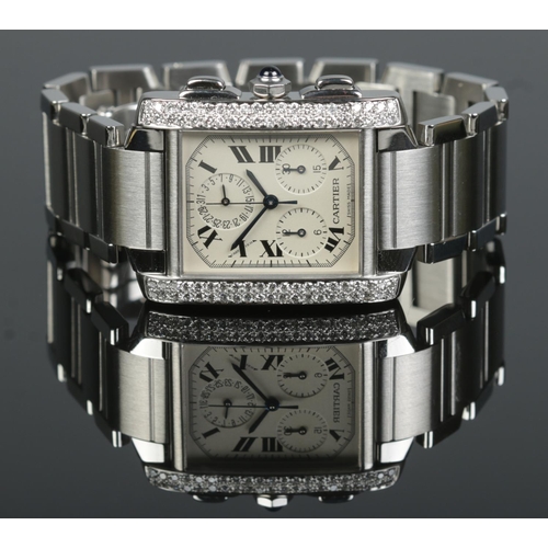 109 - A diamond set stainless steel Cartier tank Francaise chronograph wristwatch. Ref. 2303, no. BB107579... 