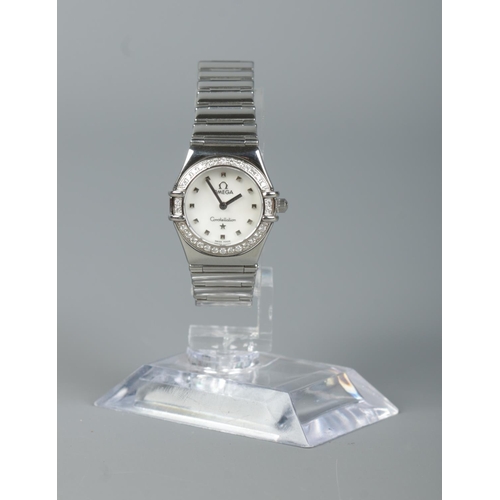 110 - A ladies stainless steel Omega Constellation wristwatch. The bezel set with approximately 0.33ct of ... 