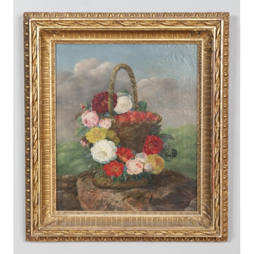 112 - A 19th century gilt framed oil on canvas, still life with a basket of flowers. Initialled MB and dat... 