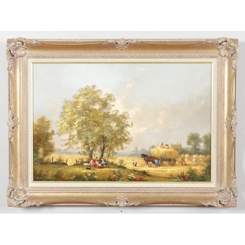 113 - Gudrun Sibbons (1925-) a gilt framed oil on canvas with a picnic and farming scene, titled Leading T... 