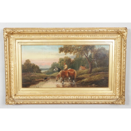 114 - E Hunton (19th cenutry) a gilt framed oil on board, river scene with two horses and a figure on hors... 