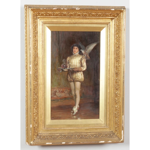 118 - A gilt framed 19th century oil on canvas behind glass, depicting a boy in period clothing carrying a... 