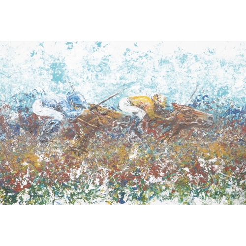 119 - Chris Winch, a large unframed canvas, horse racing scene titled The Challenge. 76cm x 101.5cm.