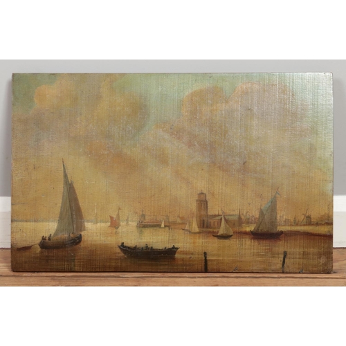 120 - Manner of Jan Van Goyen, Dutch oil on wood panel depicting a harbour scene. Approx. dimensions 56cm ... 