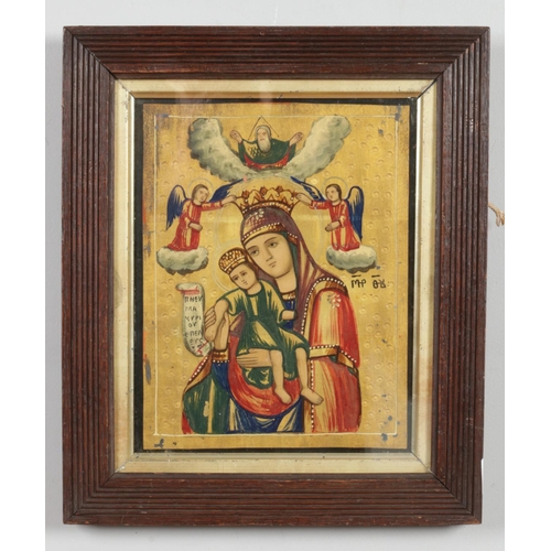 121 - A framed religious icon, painting on panel, scene depicting Mary with Jesus and two angels. 25.5cm x... 