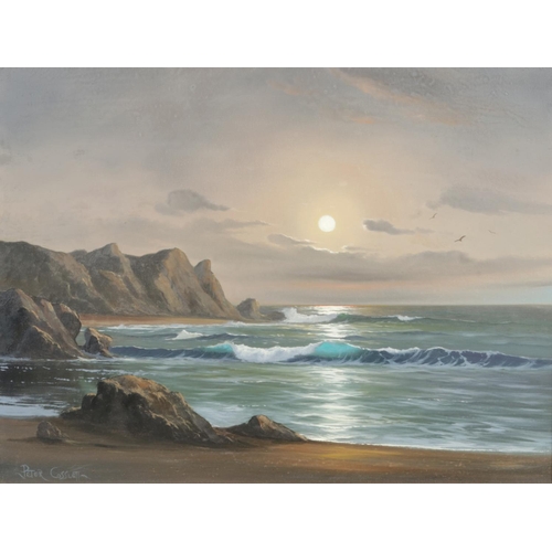 122 - Peter Cosslett (1927-2012), a framed oil on board, coastal landscape with rocks and crashing waves. ... 