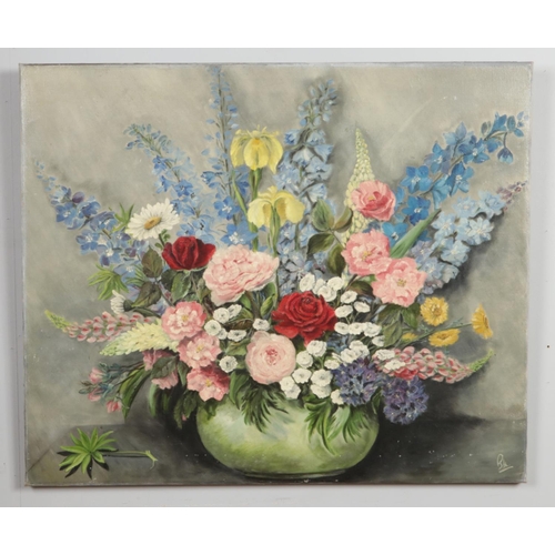 123 - A large unframed oil on canvas, still life with flowers. Initialled to bottom right. 63cm x 76cm.