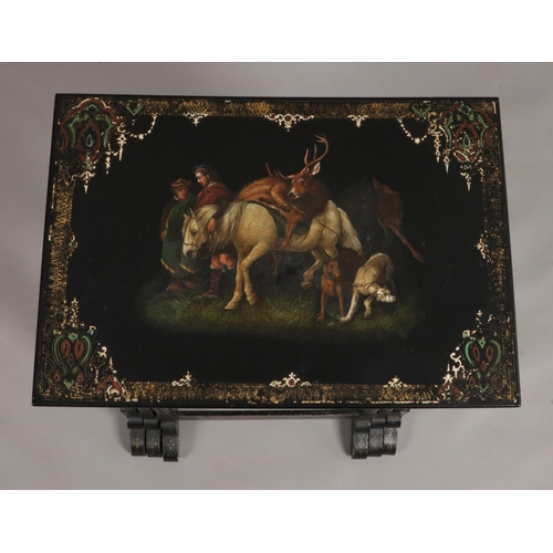 142 - A Victorian nest of three lacquered tables. Each painted with individual scenes, with Highlanders, s... 