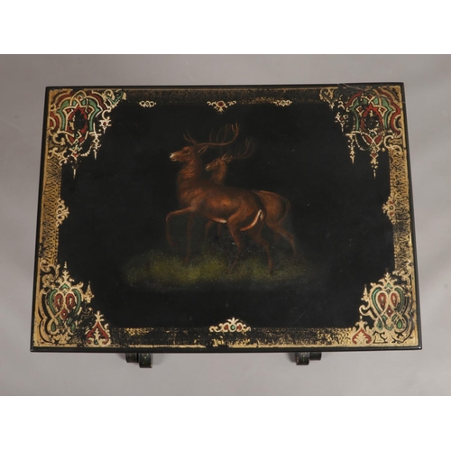 142 - A Victorian nest of three lacquered tables. Each painted with individual scenes, with Highlanders, s... 