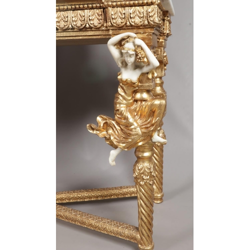 151 - A Rococo style gilt wood console table and mirror, with white marble top and figural decoration. The... 