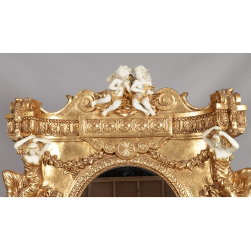 151 - A Rococo style gilt wood console table and mirror, with white marble top and figural decoration. The... 