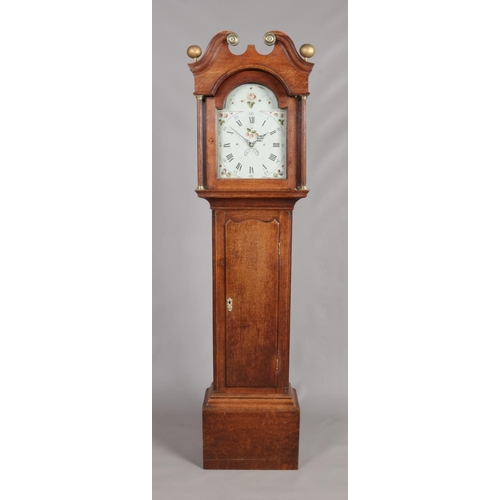 153 - A Georgian oak 30 hour long case clock. With twin swan neck pediment, painted dial, Roman numeral ho... 