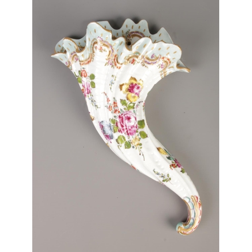 21 - A late 19th/early 20th century Dresden cornucopia wall pocket. Hand painted with Deutsche Blumen dec... 