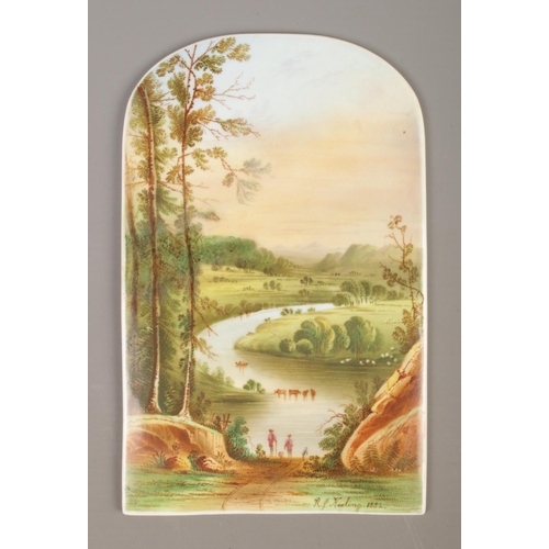 24 - Richard James Keeling, a late 19th century hand painted porcelain plaque, river landscape with figur... 