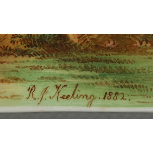 24 - Richard James Keeling, a late 19th century hand painted porcelain plaque, river landscape with figur... 