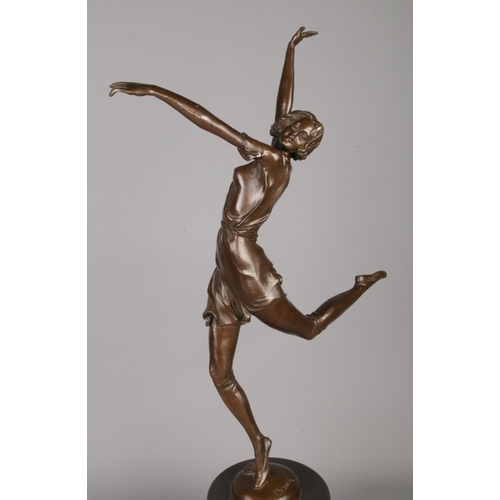 37 - After Bruno Zach (1891-1945), an Art Deco style bronze figure of a dancing girl raised on marble pli... 